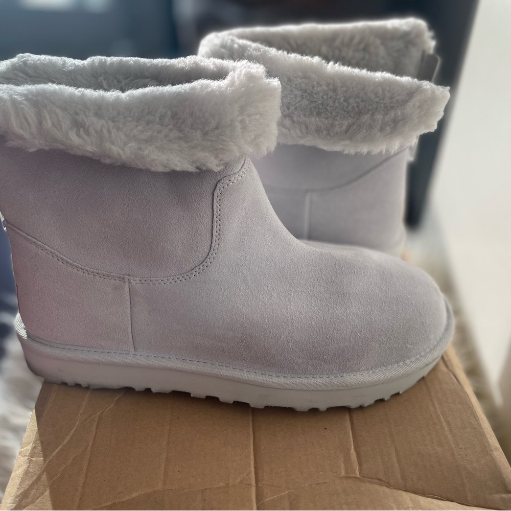Cozy Glacier Gray UGG Suede Boots with Faux Fur Lining, gently worn twice